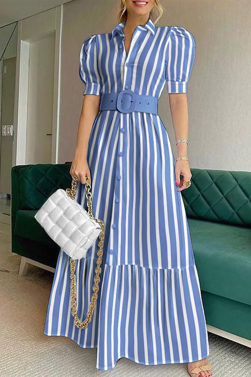 A Line Striped Solid Buckle With Belt Shirt Collar Dresses