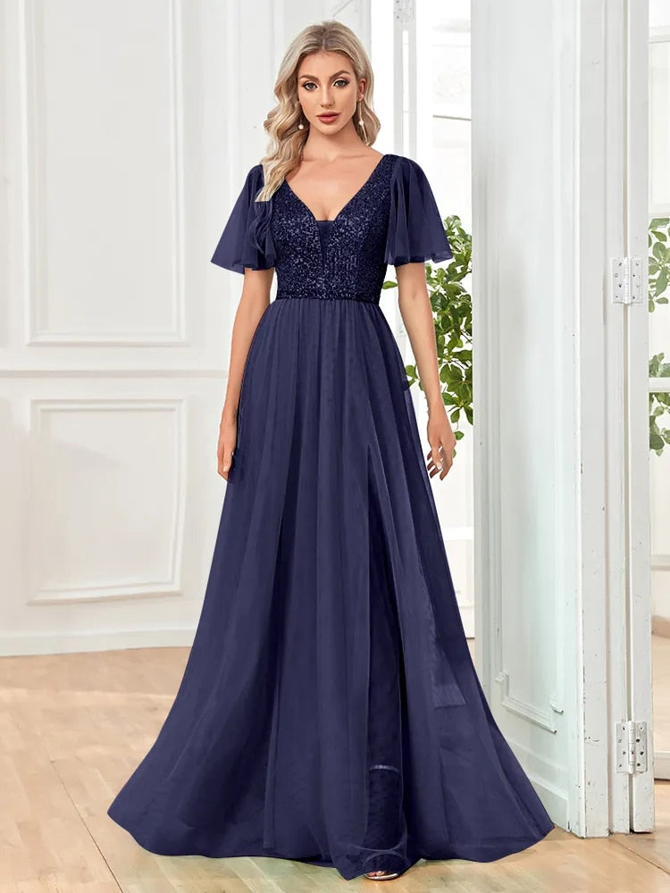 A Line V Neck Long Formal Dress with Sequins - Blue