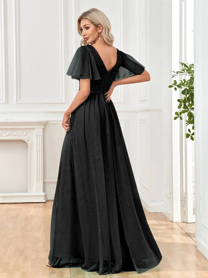 A Line V Neck Long Formal Dress with Sequins