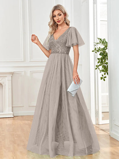 A Line V Neck Long Formal Dress with Sequins - Grey