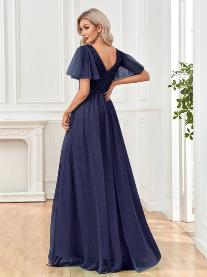 A Line V Neck Long Formal Dress with Sequins - Blue