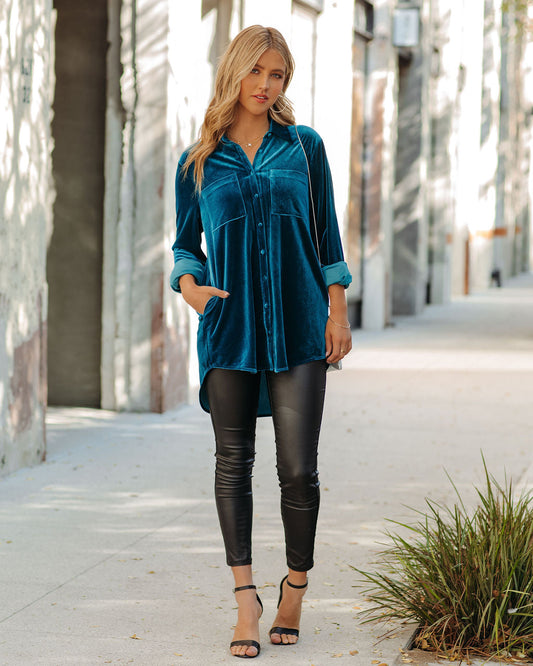 Teal Zamora Pocketed Velvet Button Down Top