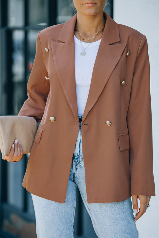Double Breasted Lapel Brown Long Sleeve Blazer