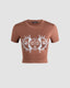 Brown Polyester Stretch-Blend Cropped T-Shirt with Short Sleeves