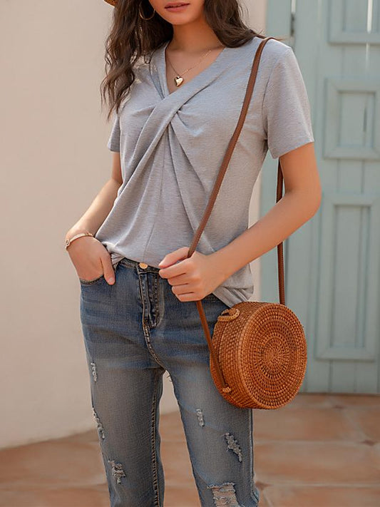Knotted Casual V-neck Short-sleeved T-shirt