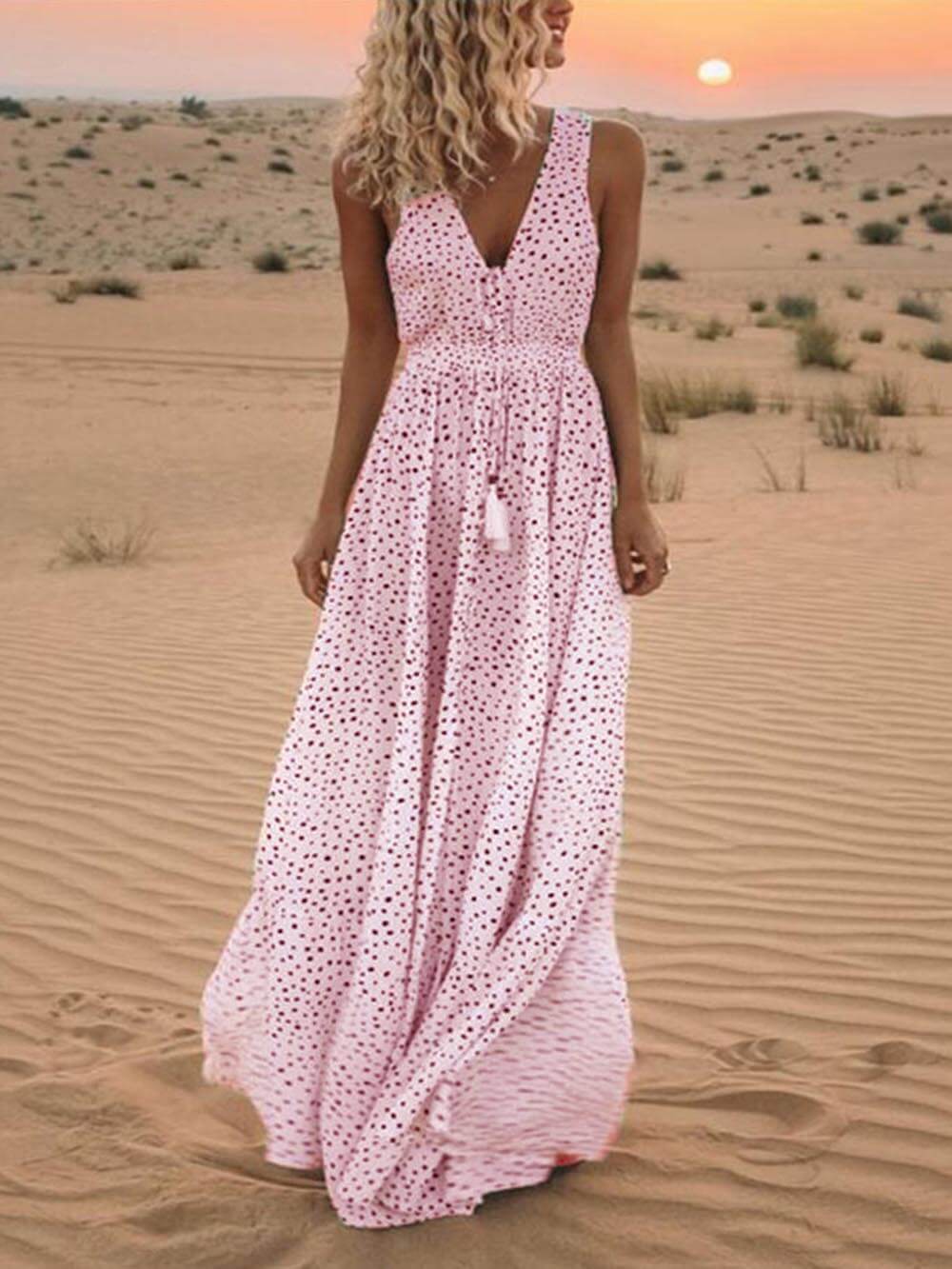 Polka-Dot Boho Maxi Skirt with V-Neckline