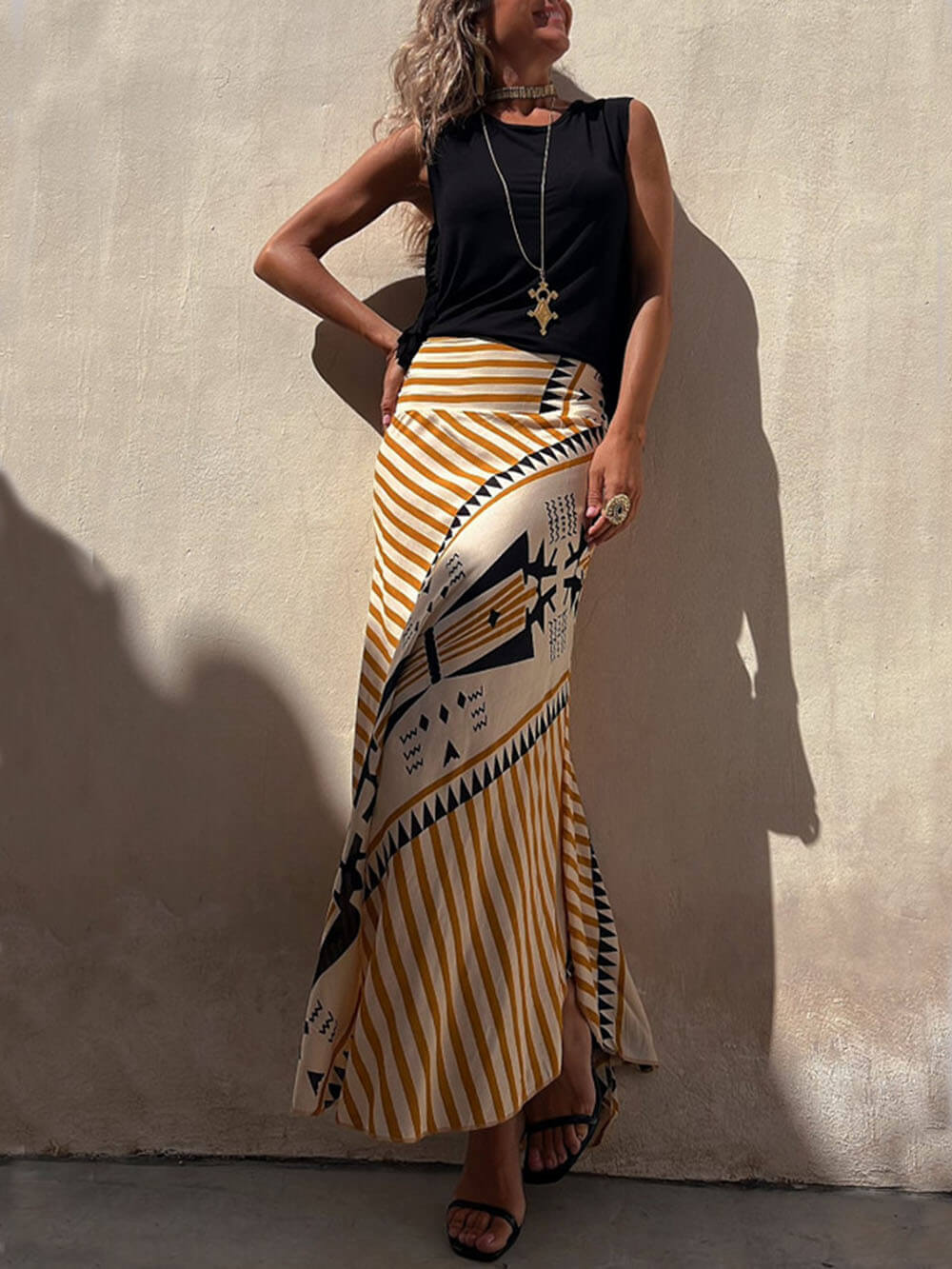 Geometric-Print Maxi Skirt with Stretch Detail