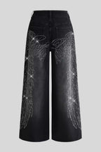 Wing-Graphic Rhinestone-Detail Wide-Leg Jeans