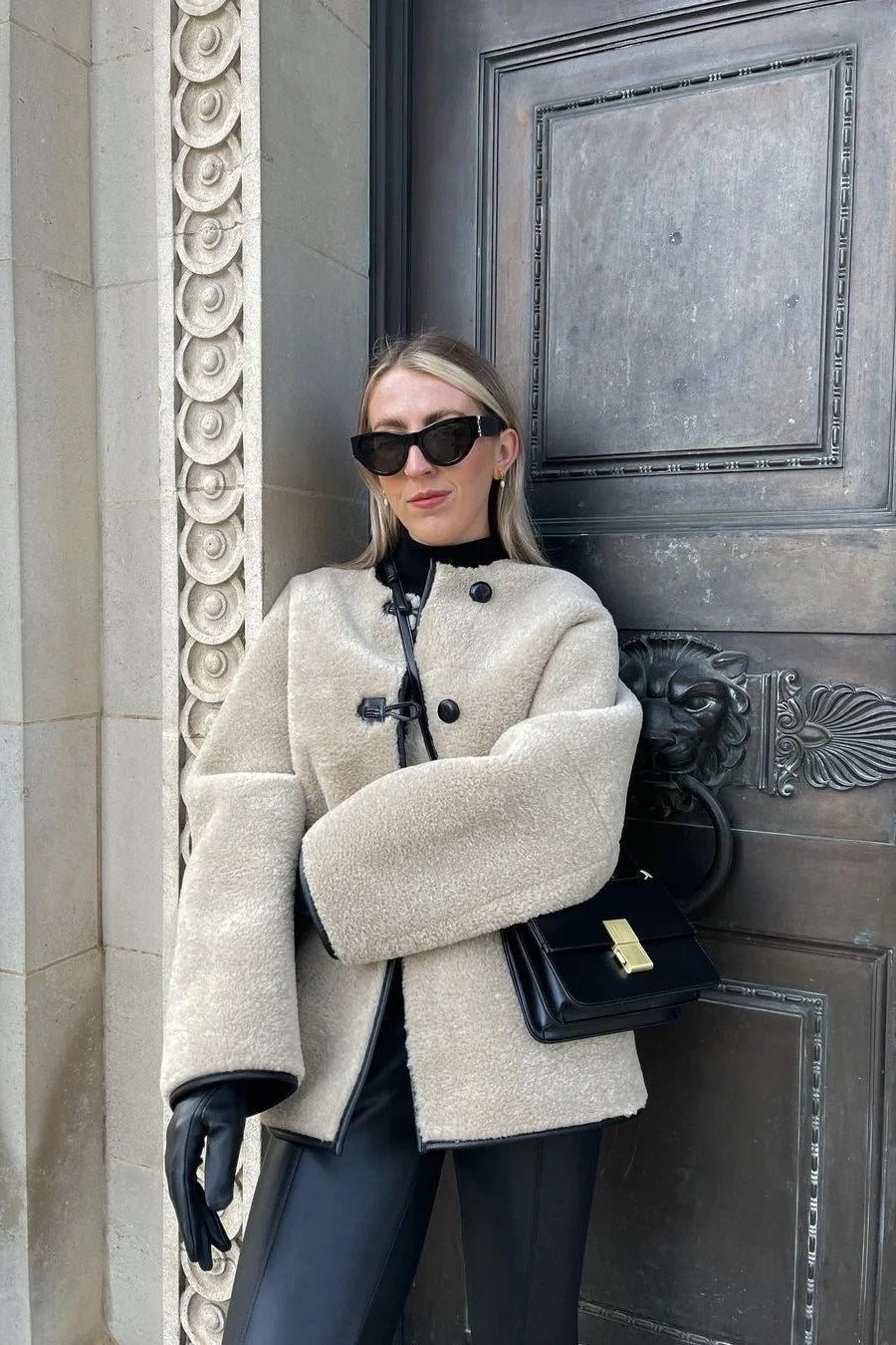 Faux-Fur Coat with Round Neckline