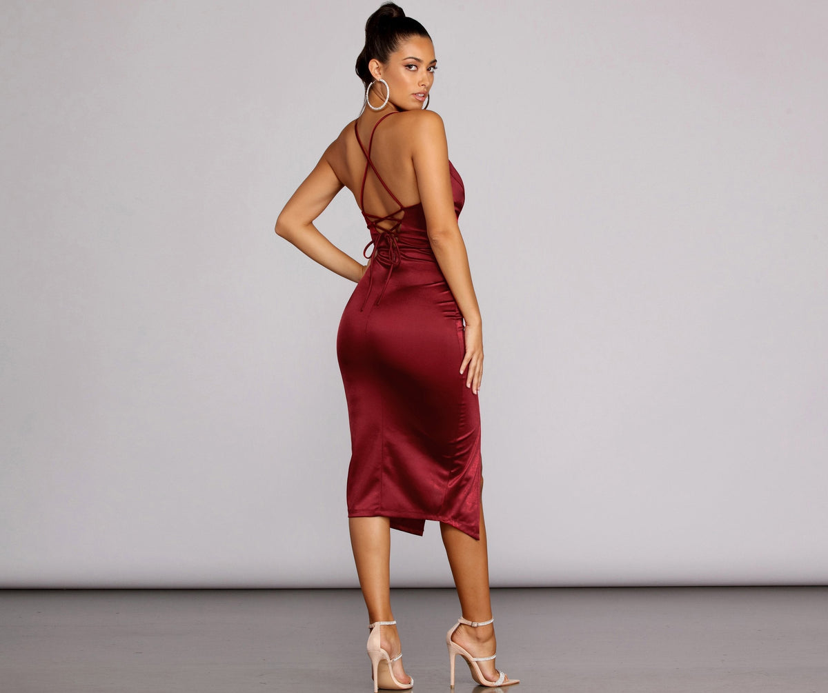 Satin Midi Dress with Lace-Up Details