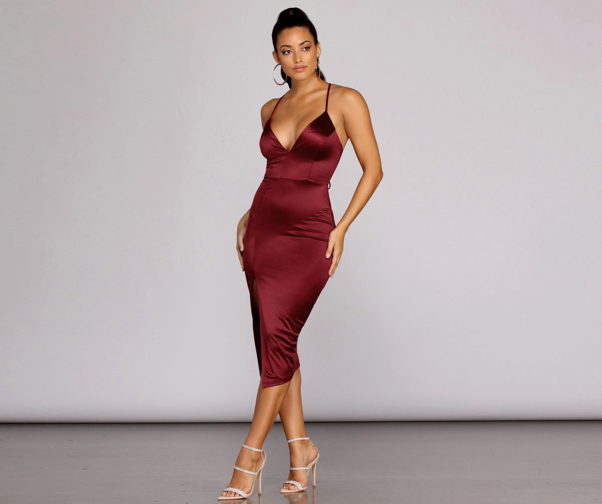 Satin Midi Dress with Lace-Up Details