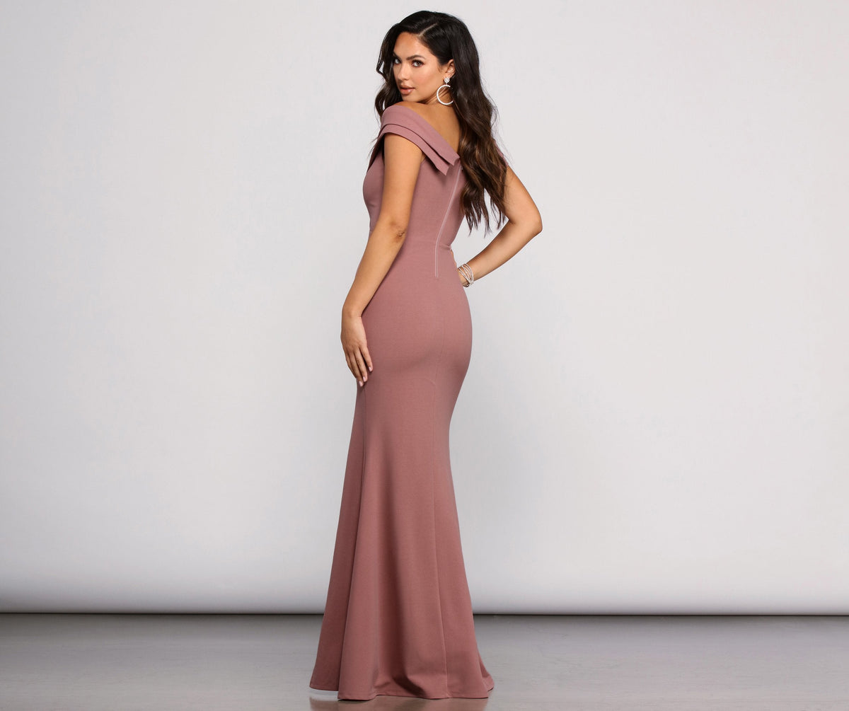 Off-Shoulder Crepe Maxi Gown with Ruching