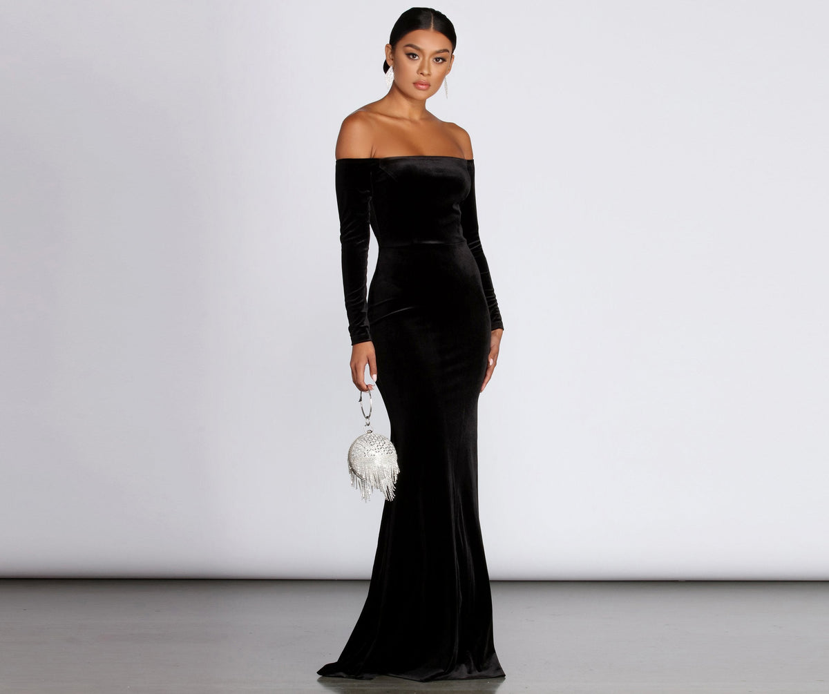 Velvet Gown with Off-Shoulder Neckline