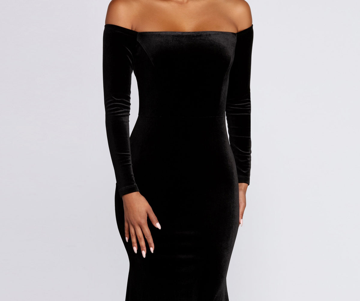 Velvet Gown with Off-Shoulder Neckline