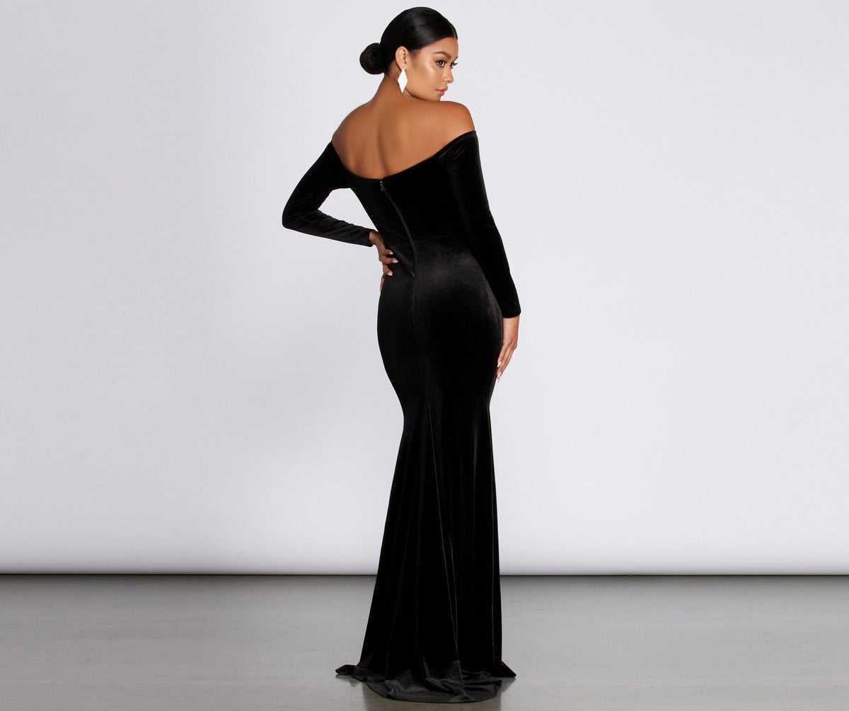 Velvet Gown with Off-Shoulder Neckline