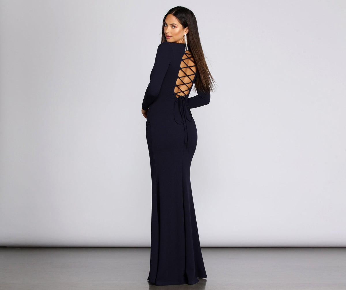 Star-Detail Crepe Lace-Up Gown