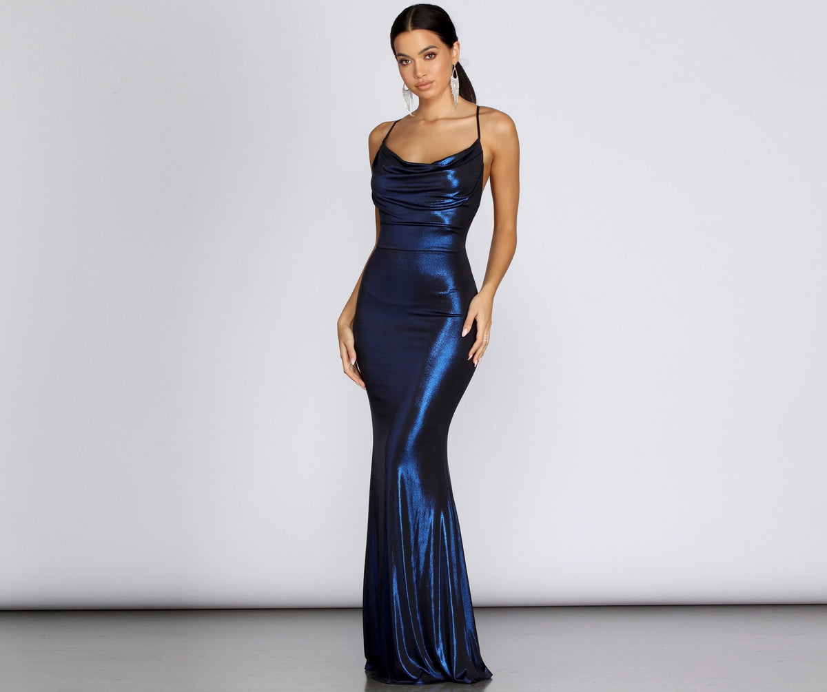 Metallic Cross-Detail Maxi Dress with Draped Details