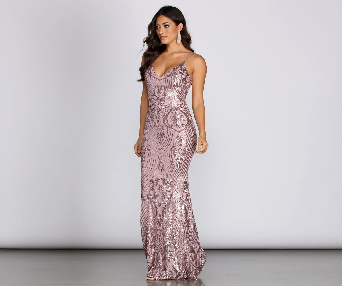 Mesh V-Neck Gown with Sequins