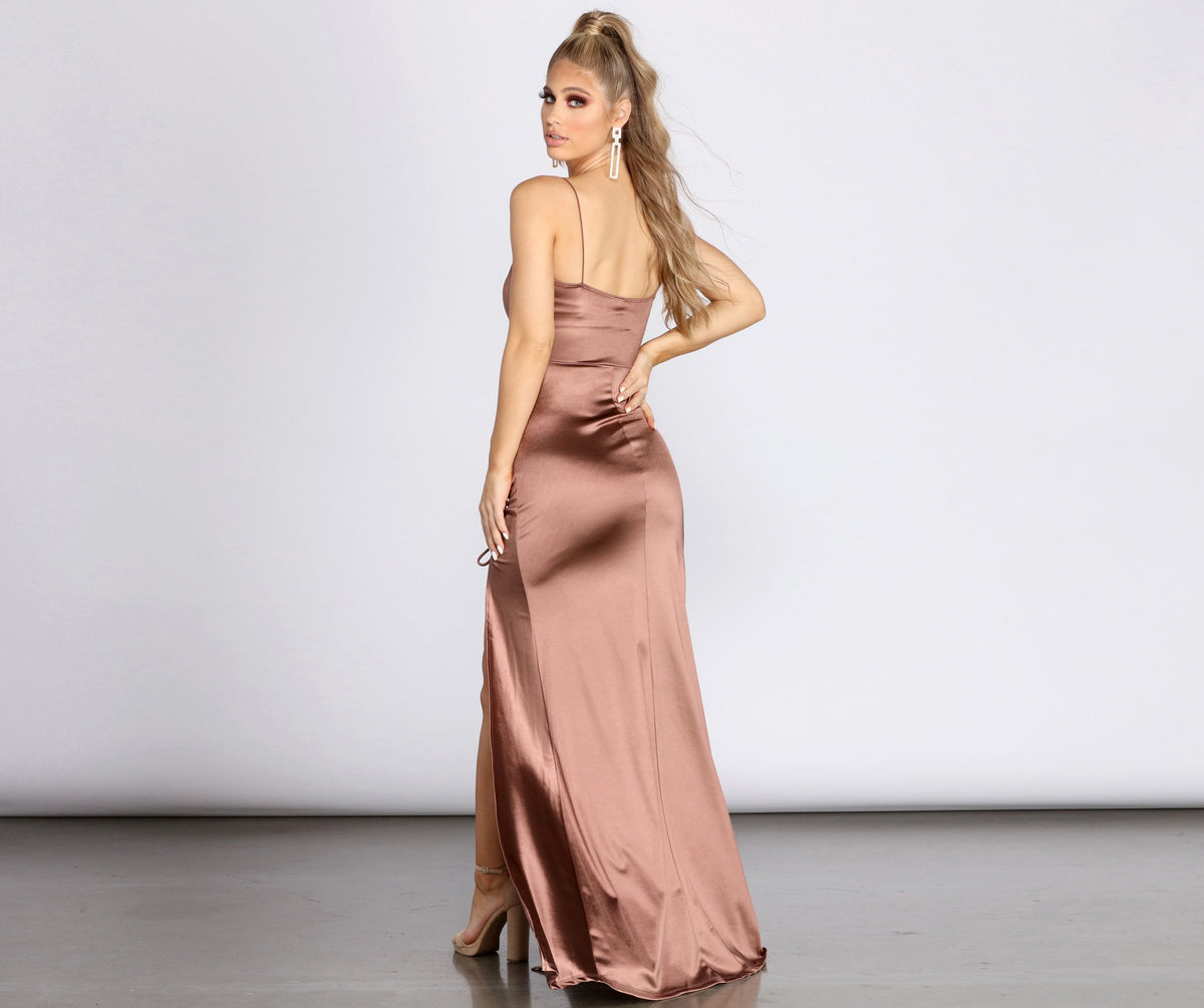 Satin Maxi Dress with Draped Neckline