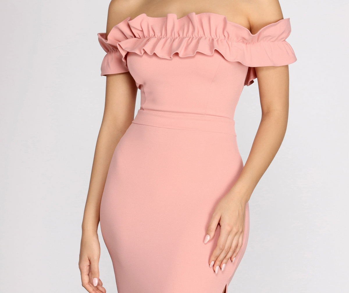 Crepe Off-Shoulder Dress with Ruffle Details