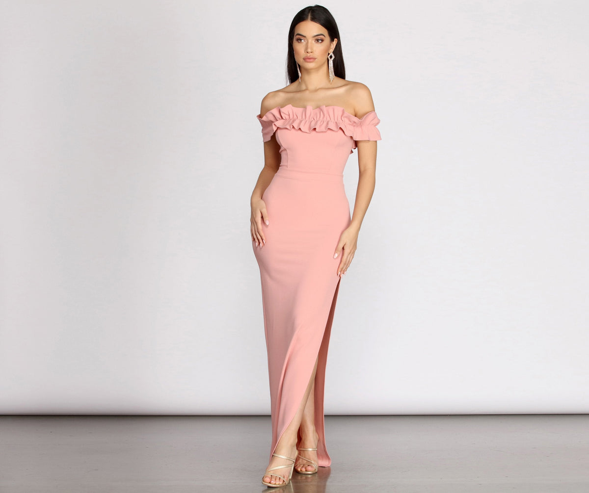 Crepe Off-Shoulder Dress with Ruffle Details