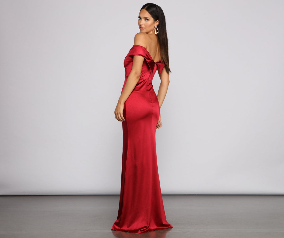 Off-Shoulder Satin Dress with High Slit