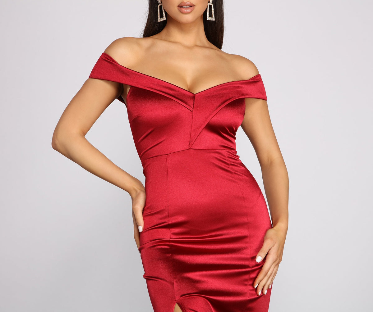 Off-Shoulder Satin Dress with High Slit