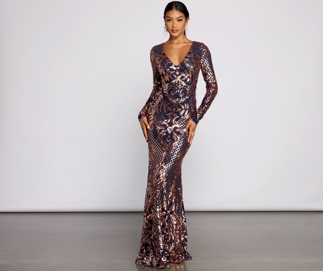 Ayla Formal Long Sleeve Sequin Scroll Dress - Lady Occasions Main image