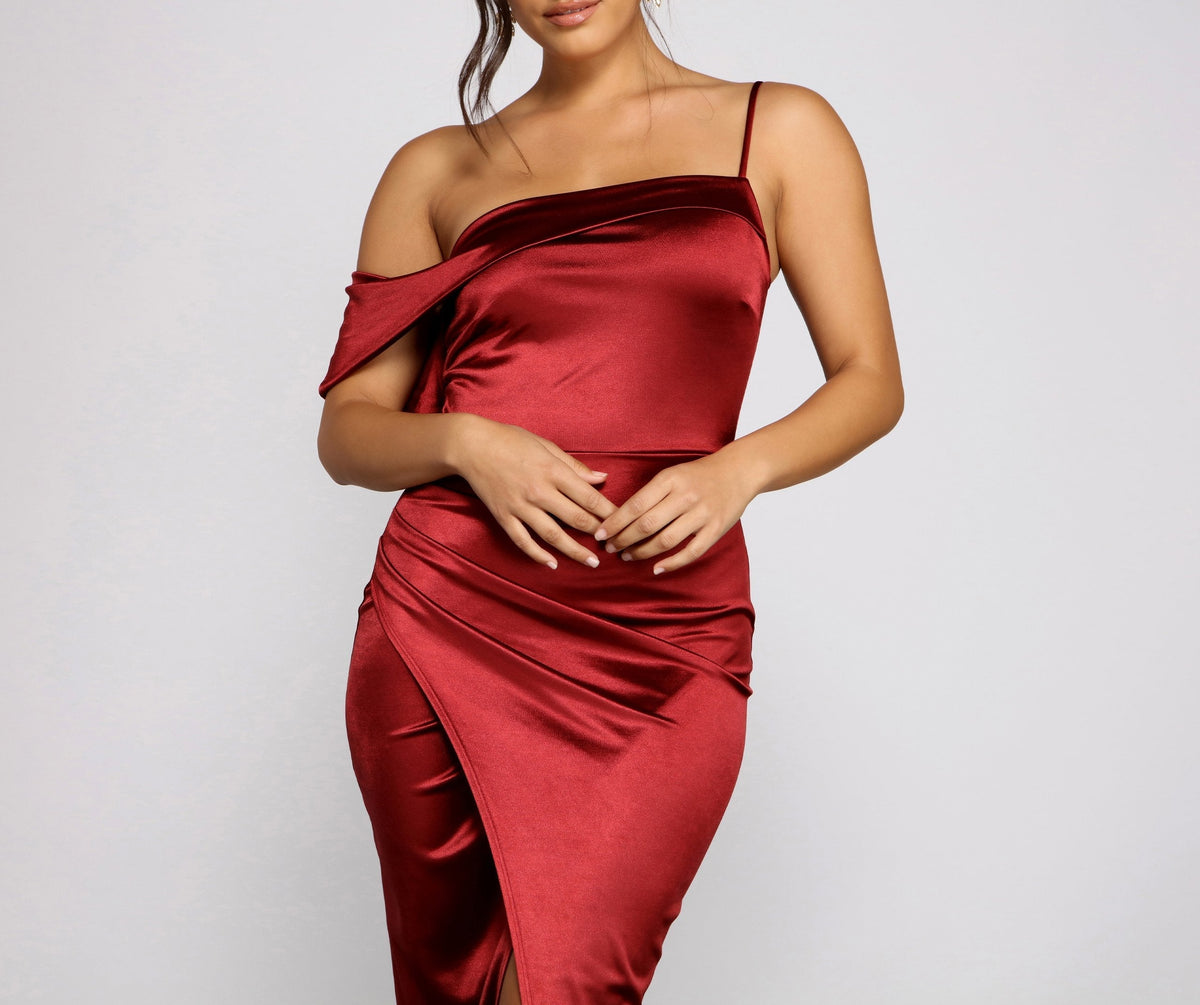 Satin Dress with Off-Shoulder Neckline