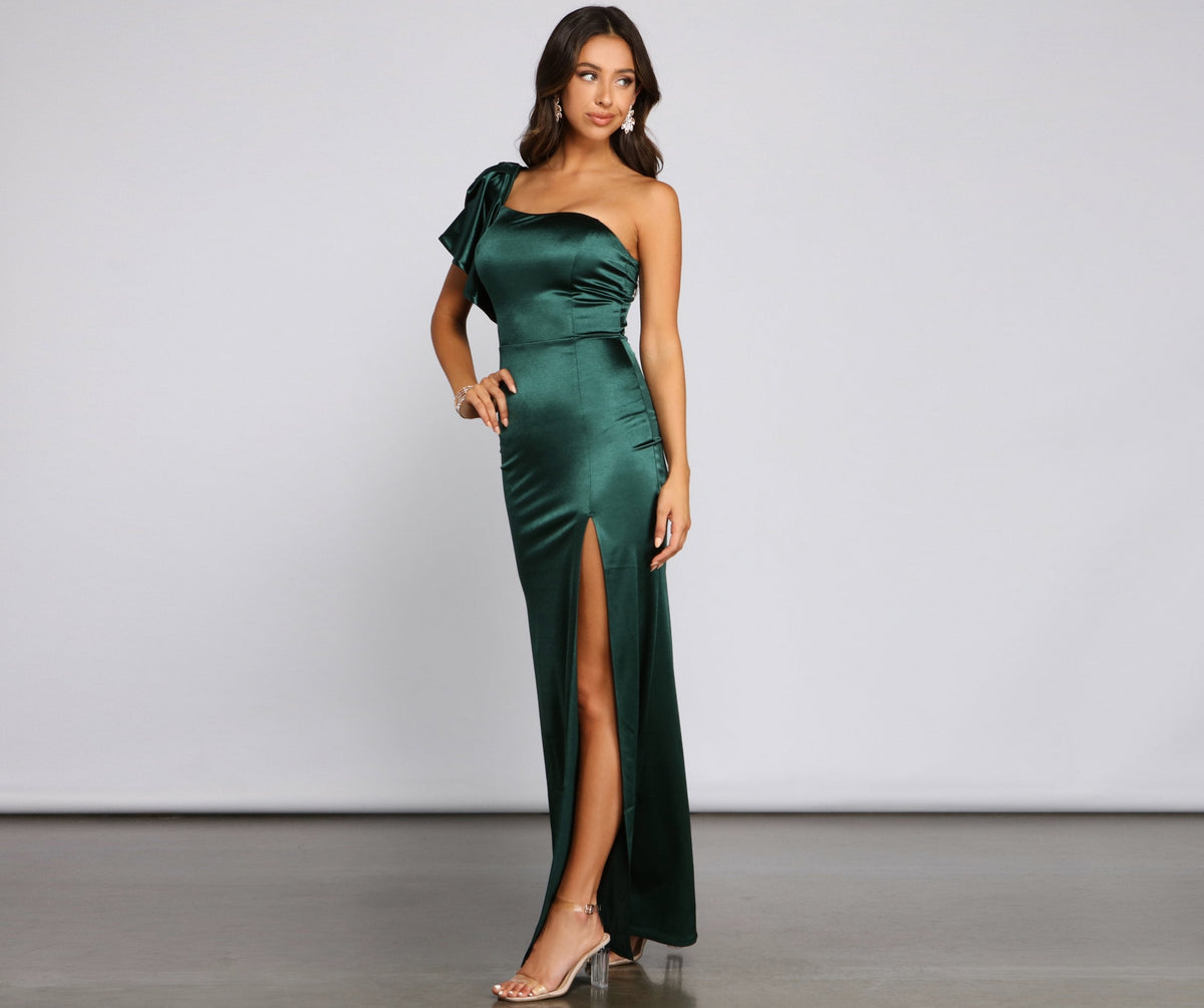 Draped Satin Dress with One-Shoulder Cut