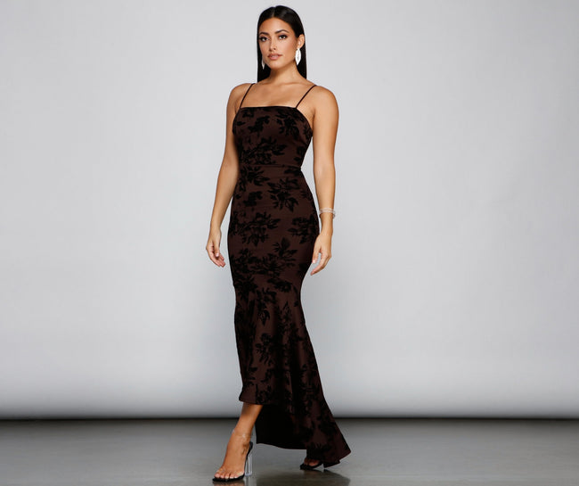 Phoebe Formal Velvet Flocked Mermaid Dress - Lady Occasions Main image
