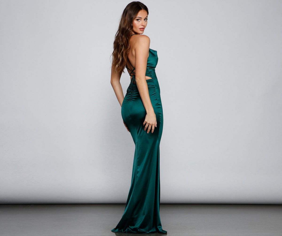 Cross-Detail Satin Mermaid Dress with Ruching