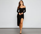 Off-Shoulder Fitted Midi Dress with Side Slit