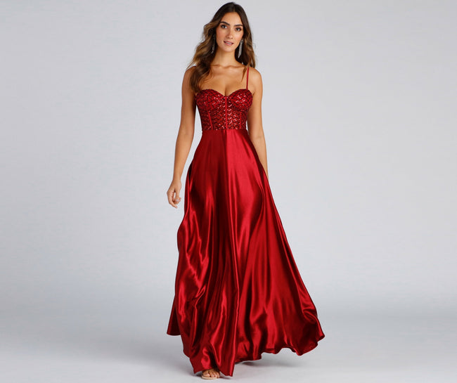 Satin Sweetheart-Neck Dress with Sequins Main image