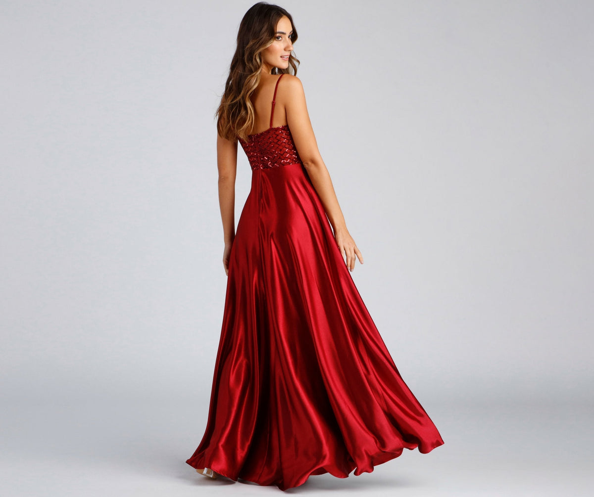 Satin Sweetheart-Neck Dress with Sequins