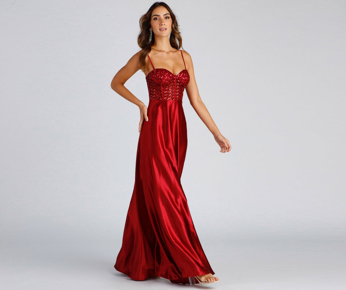 Satin Sweetheart-Neck Dress with Sequins