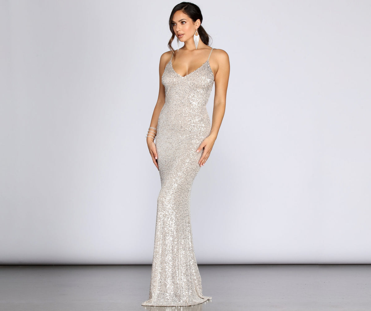 Sequined Knit Gown with V-Neckline