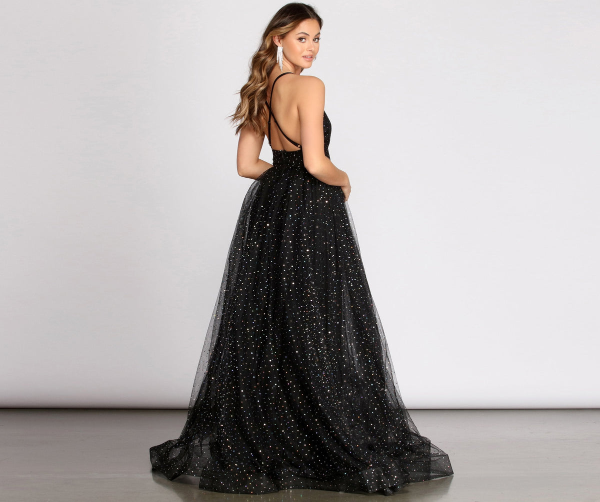 Tulle Cross-Detail Gown with V-Neckline
