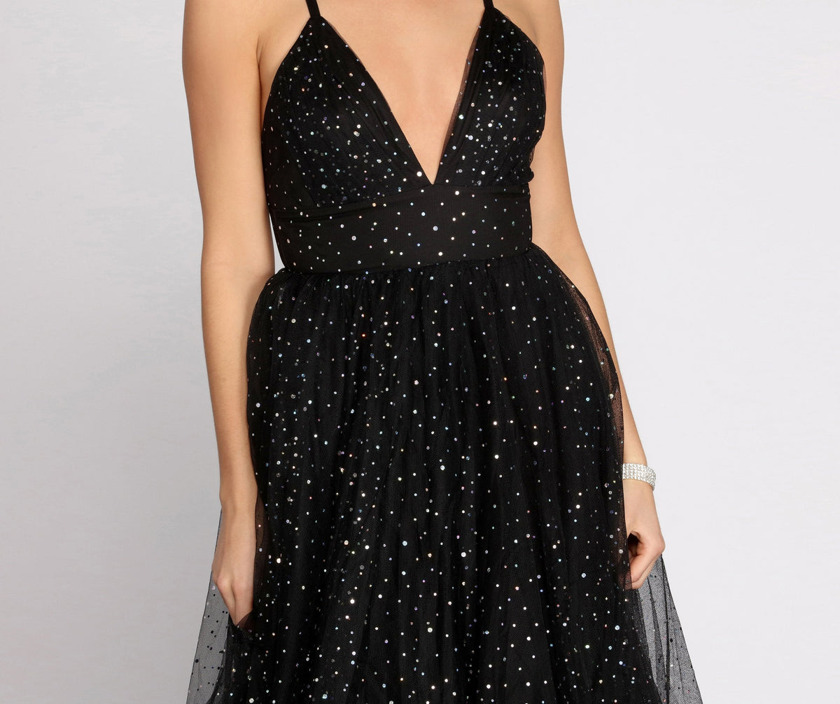 Tulle Cross-Detail Gown with V-Neckline