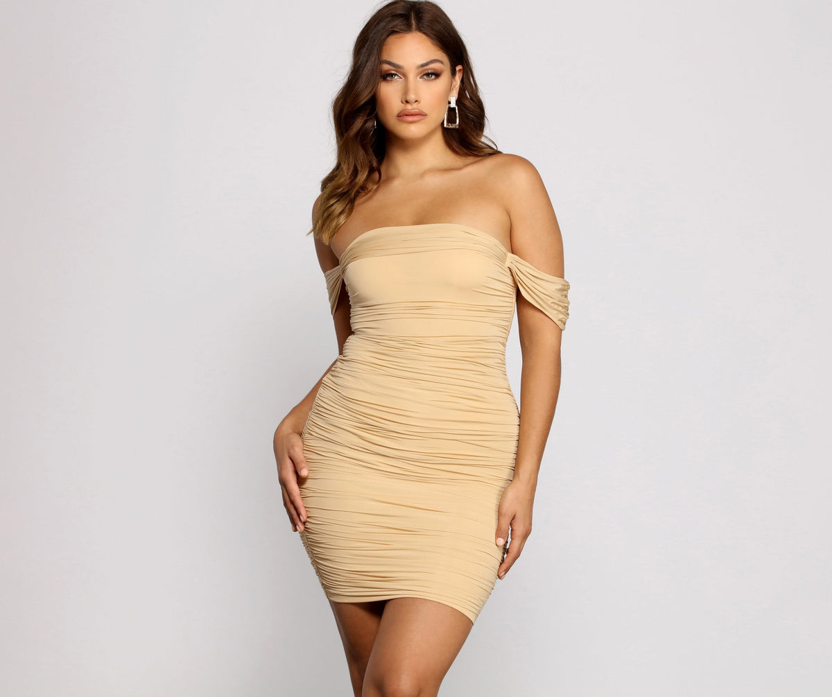 Sultry Appeal Ruched Off The Shoulder Mini Dress - Lady Occasions