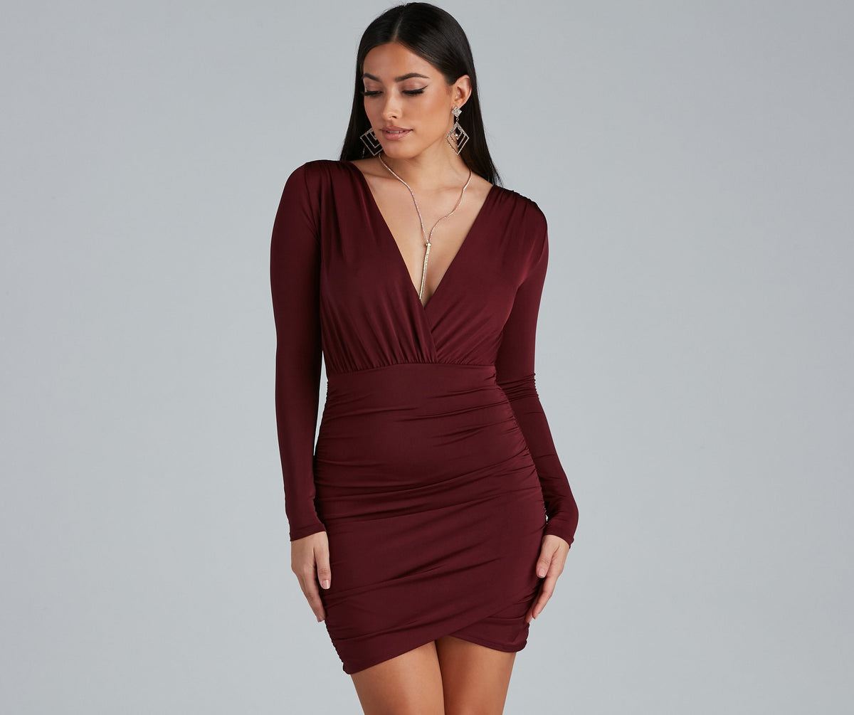 Ruched Knit Mini Dress with Wrap Detail