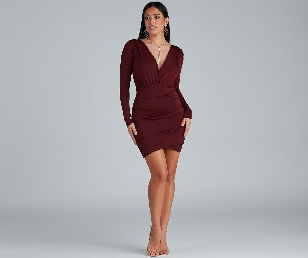 Ruched Knit Mini Dress with Wrap Detail