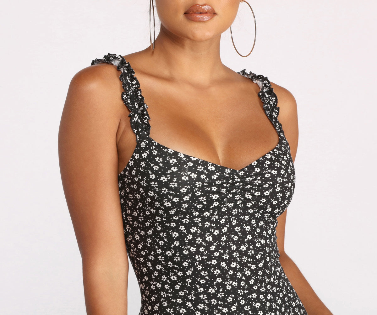 Sweetheart-Neck Printed Mini Dress with Ruffle Details