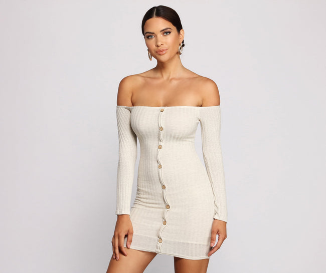 Off The Shoulder Button Down Mini Dress - Lady Occasions Main image
