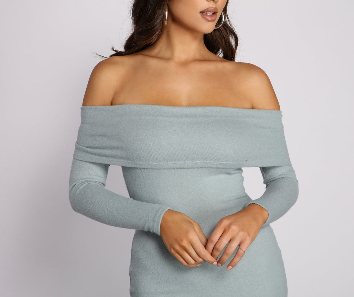 Off-Shoulder Brushed Mini Dress with Cashmere Fabric