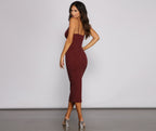 Ribbed Fitted Midi Dress with Plunging Neckline