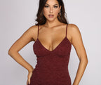 Ribbed Fitted Midi Dress with Plunging Neckline