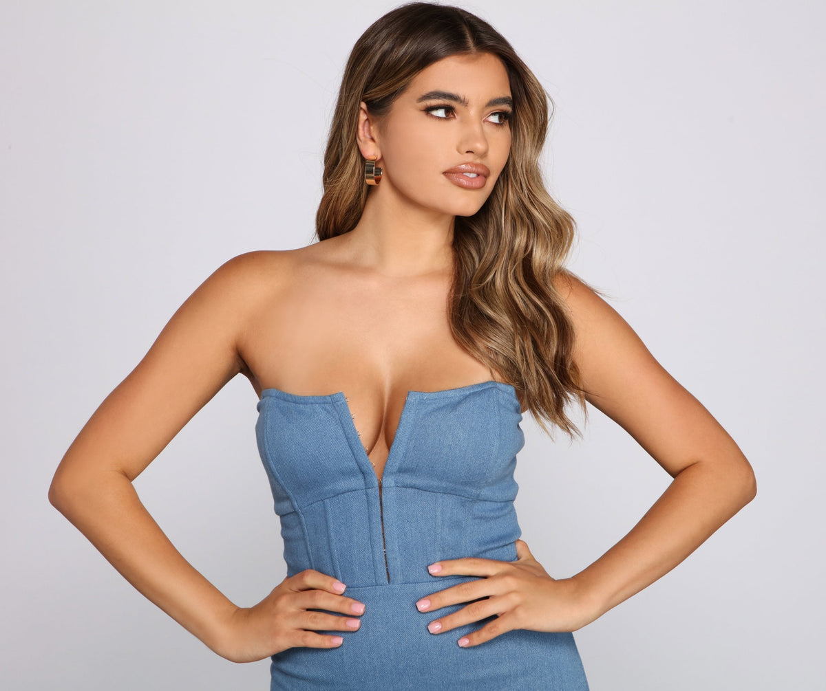 Denim Knit Mini Dress with Strapless Neckline