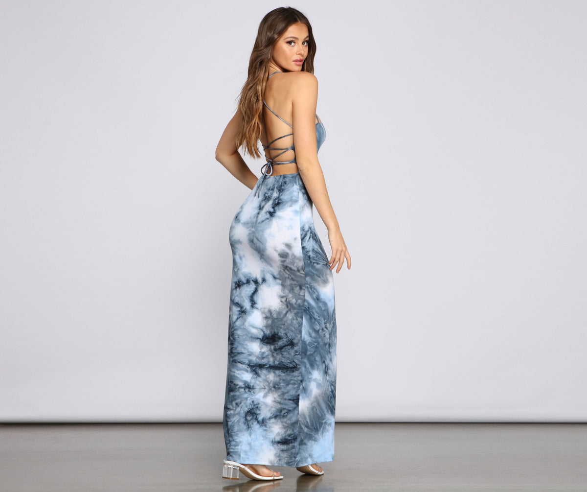 Cross-Detail Brushed Maxi Dress with Tie-Dye Patterning