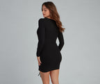 Ruched Ribbed Mini Dress with Cotton Fabric